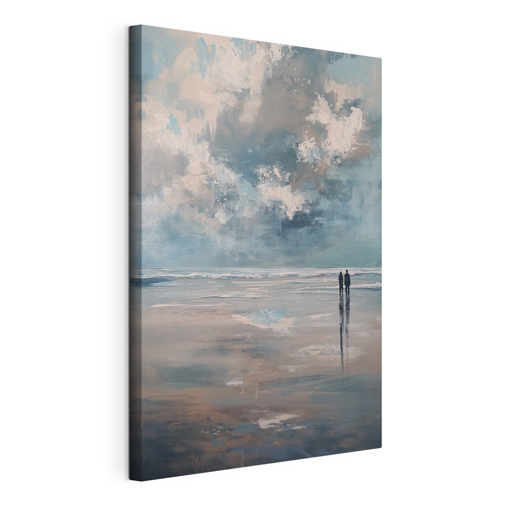 Twee mensen die op het strand staan, gespannen canvas met doorlopende rand