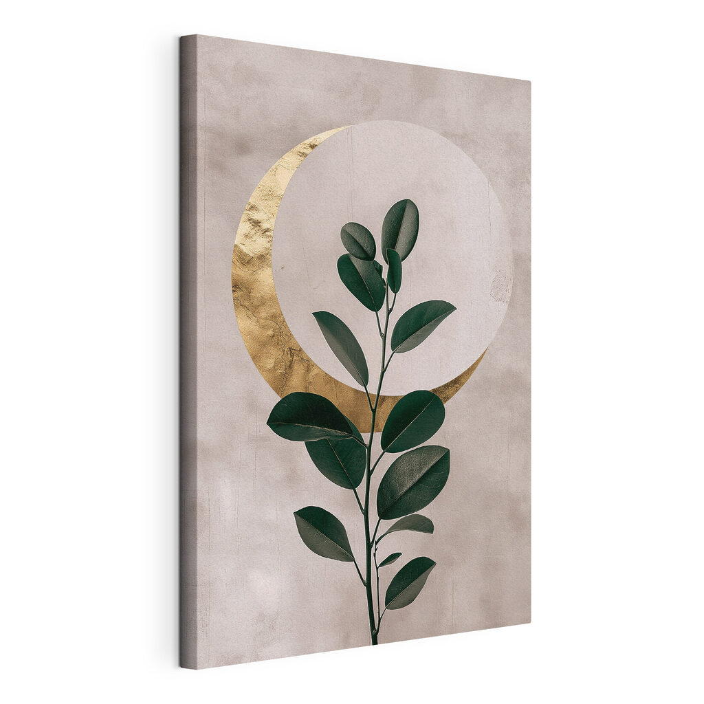 Plant met bladeren en een maan, gespannen canvas met doorlopende rand