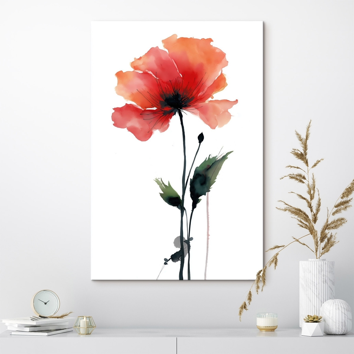 Aquarel papaver in een rustig kleurenpalet met zachte kleurovergangen — interieur 1