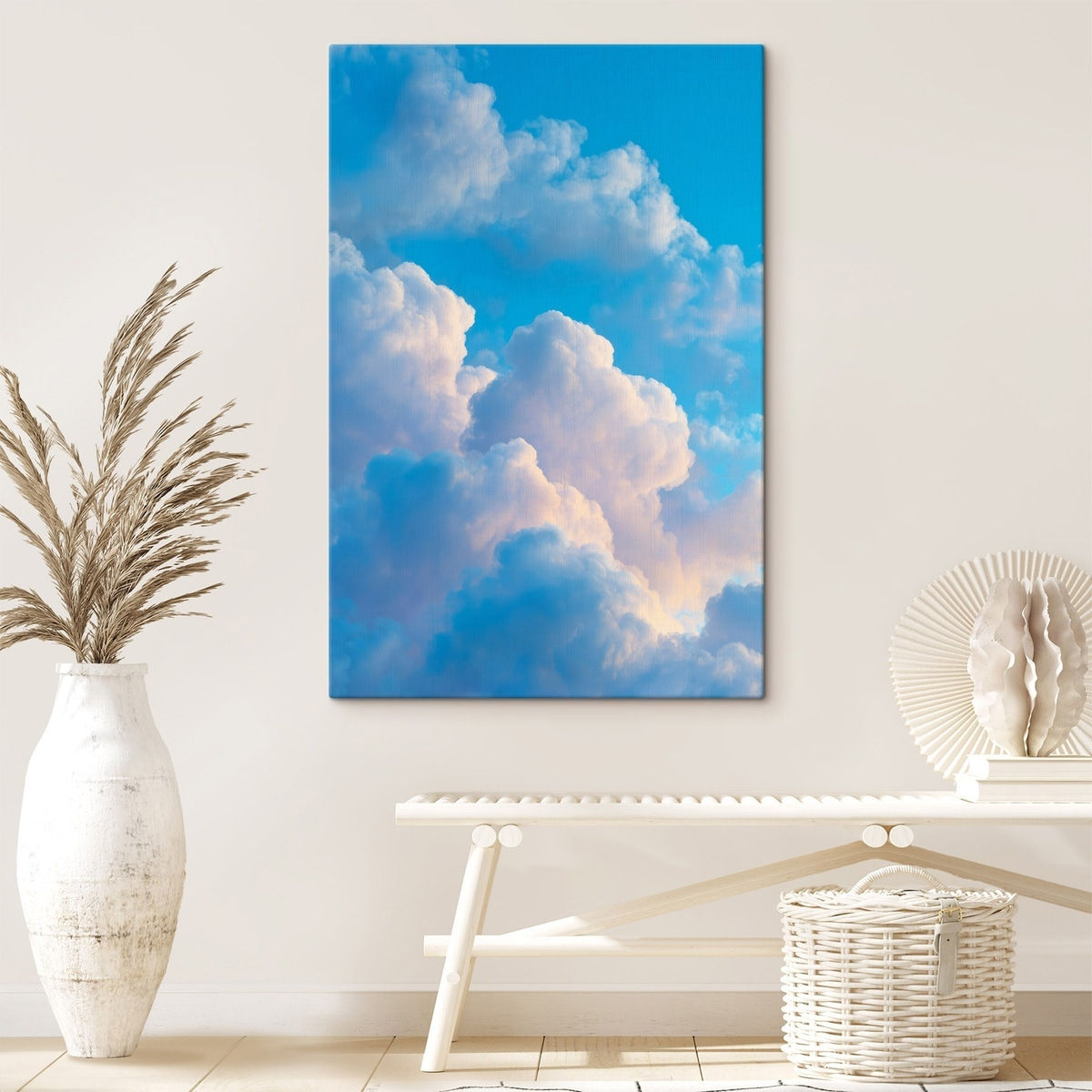 Volumineuze wolken in een zacht blauw en roze kleurenpalet in fotorealistische digitale grafische stijl — interieur 3