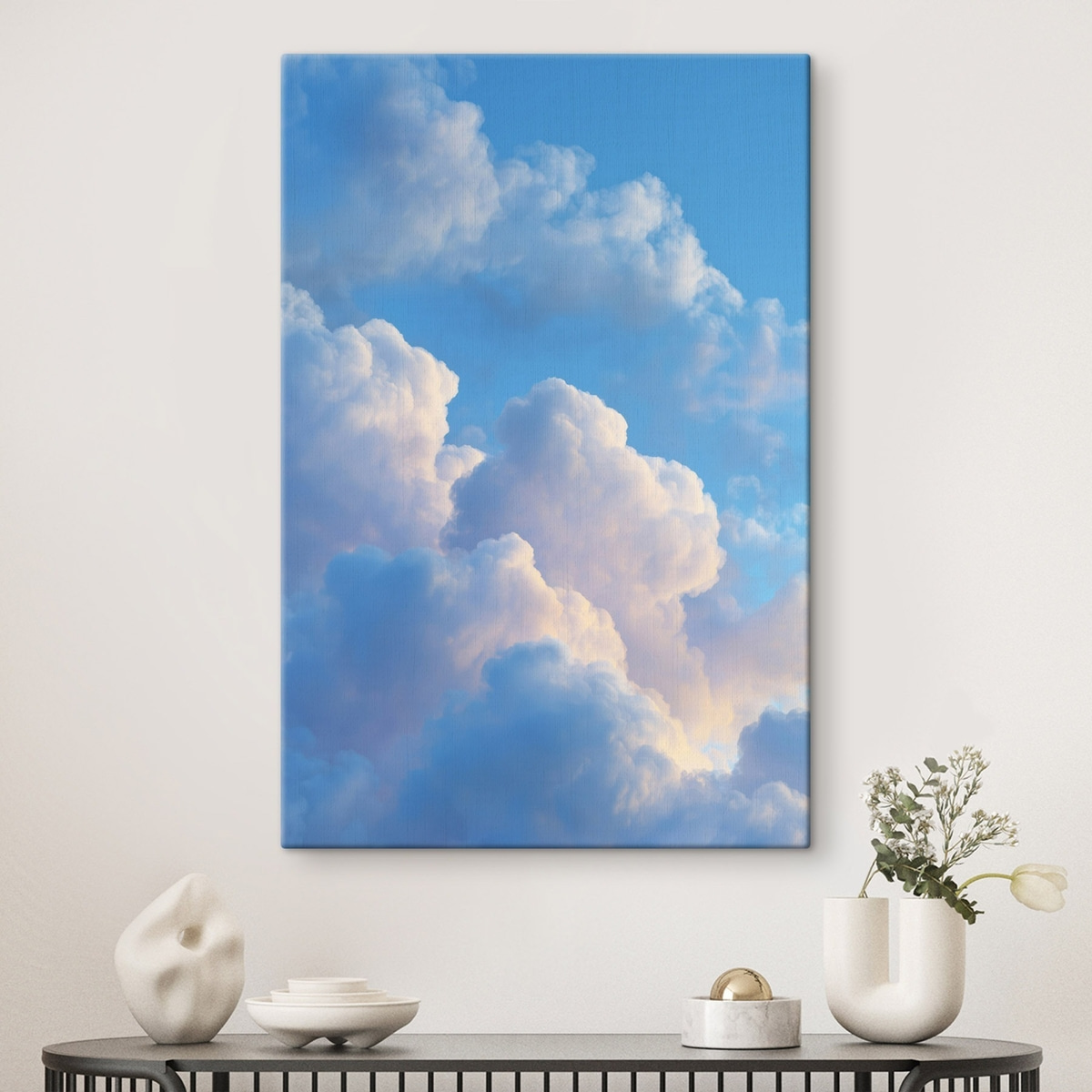 Volumineuze wolken in een zacht blauw en roze kleurenpalet in fotorealistische digitale grafische stijl — interieur 1