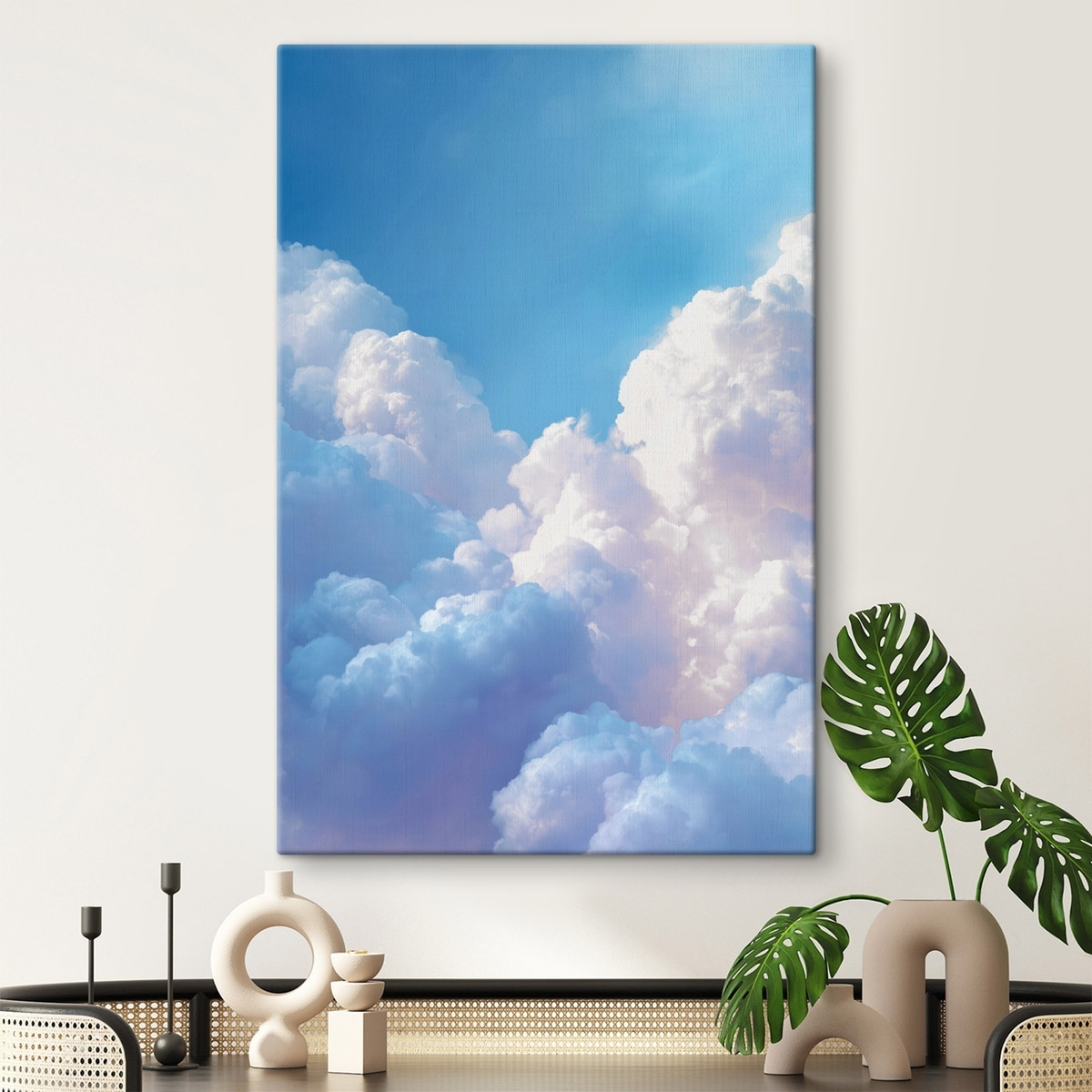 Pittoresk luchtlandschap met enorme witte wolken in digitale grafische stijl — interieur 1