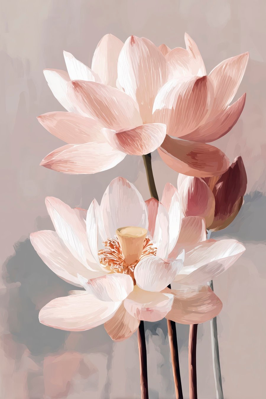 Delicate roze lotussen op een pastelkleurige achtergrond in moderne schilderstijl — volledig ontwerp