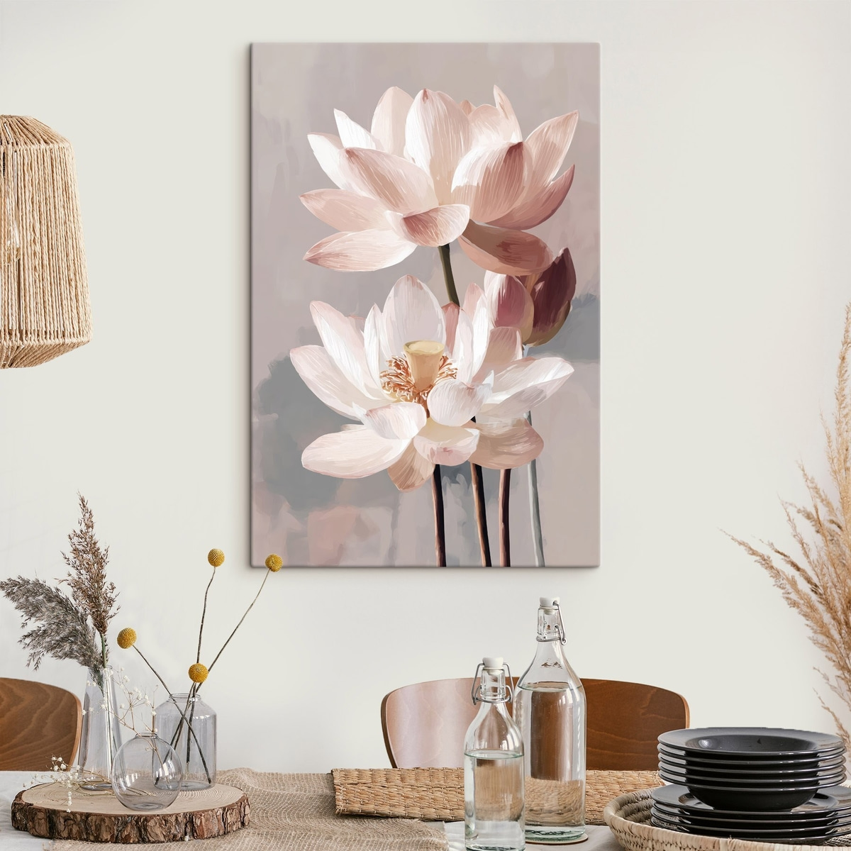 Delicate roze lotussen op een pastelkleurige achtergrond in moderne schilderstijl — interieur 3