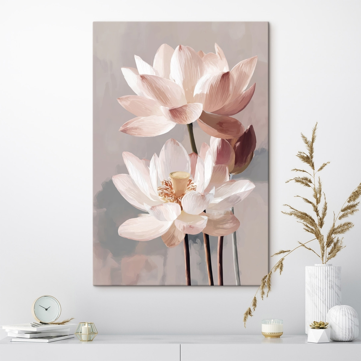 Delicate roze lotussen op een pastelkleurige achtergrond in moderne schilderstijl — interieur 1