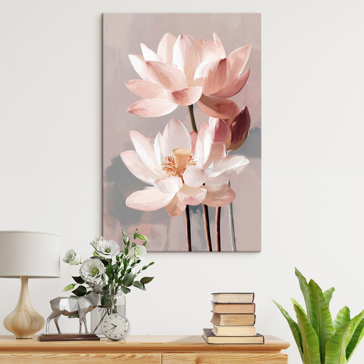 Delicate roze lotussen op een pastelkleurige achtergrond in moderne schilderstijl — interieur 2