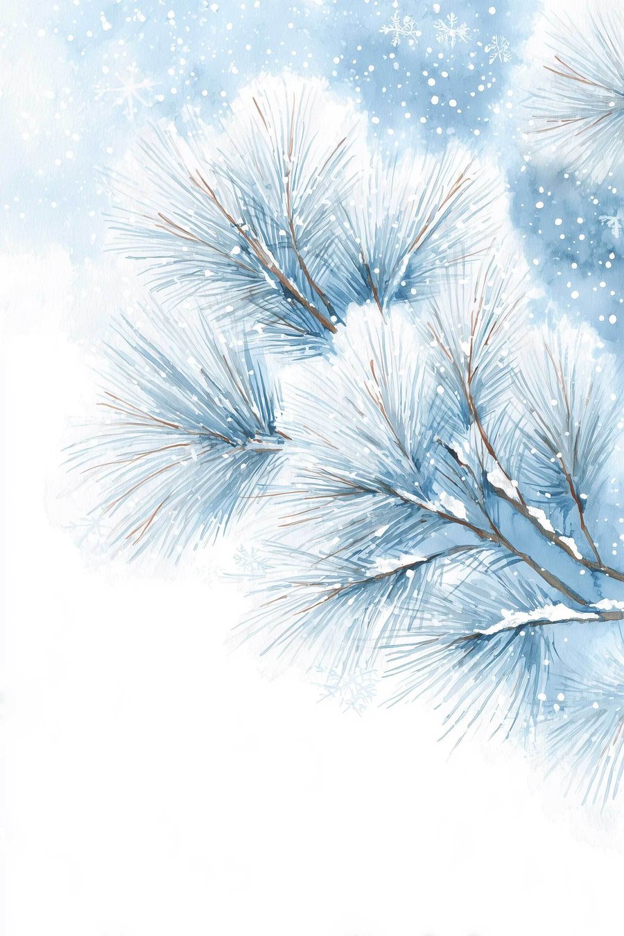 met sneeuw bedekte dennentak in aquarelstijl — volledig ontwerp