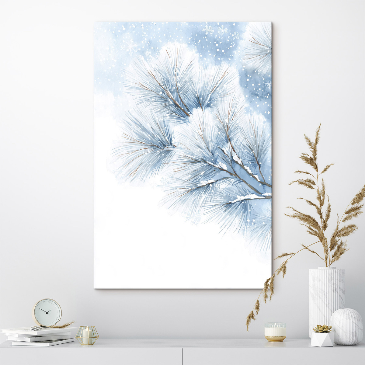 met sneeuw bedekte dennentak in aquarelstijl — interieur 1