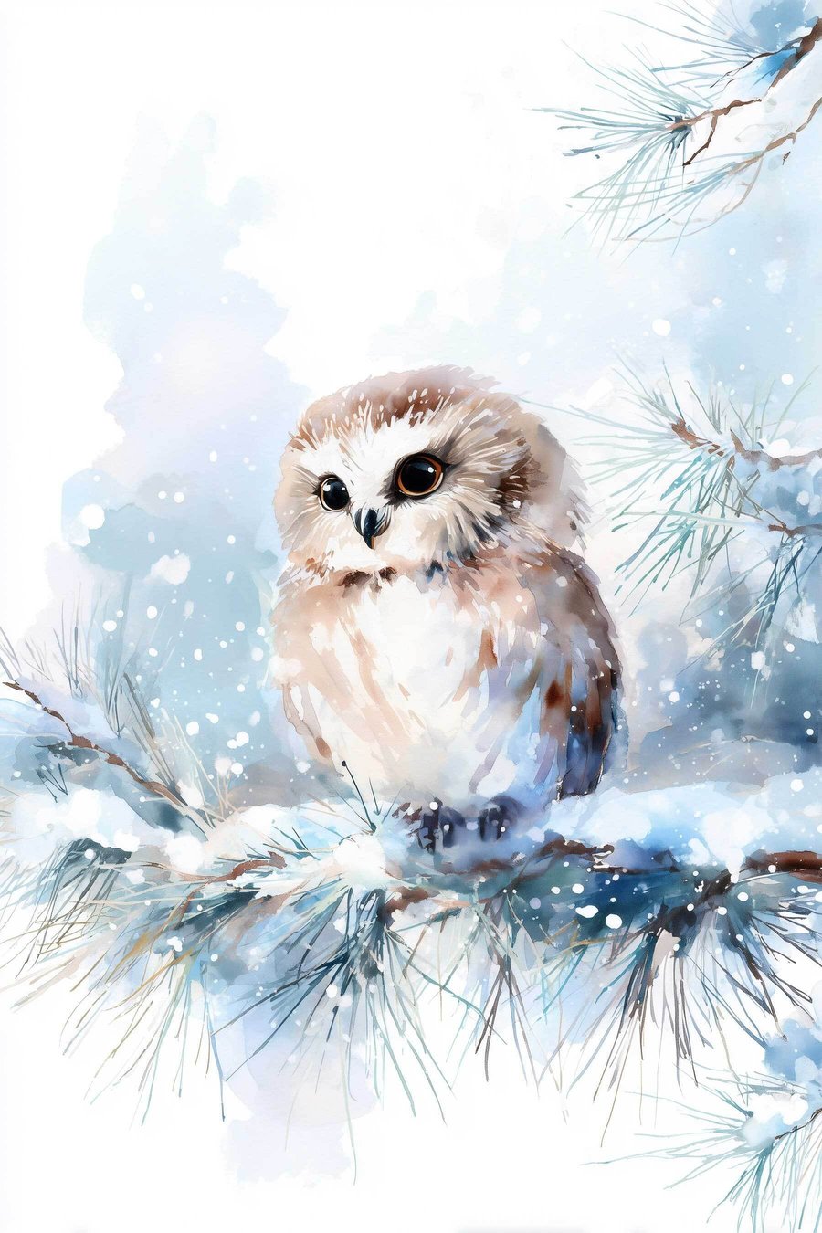 schattige uil op een met sneeuw bedekte dennenboomtak in aquarelstijl — volledig ontwerp