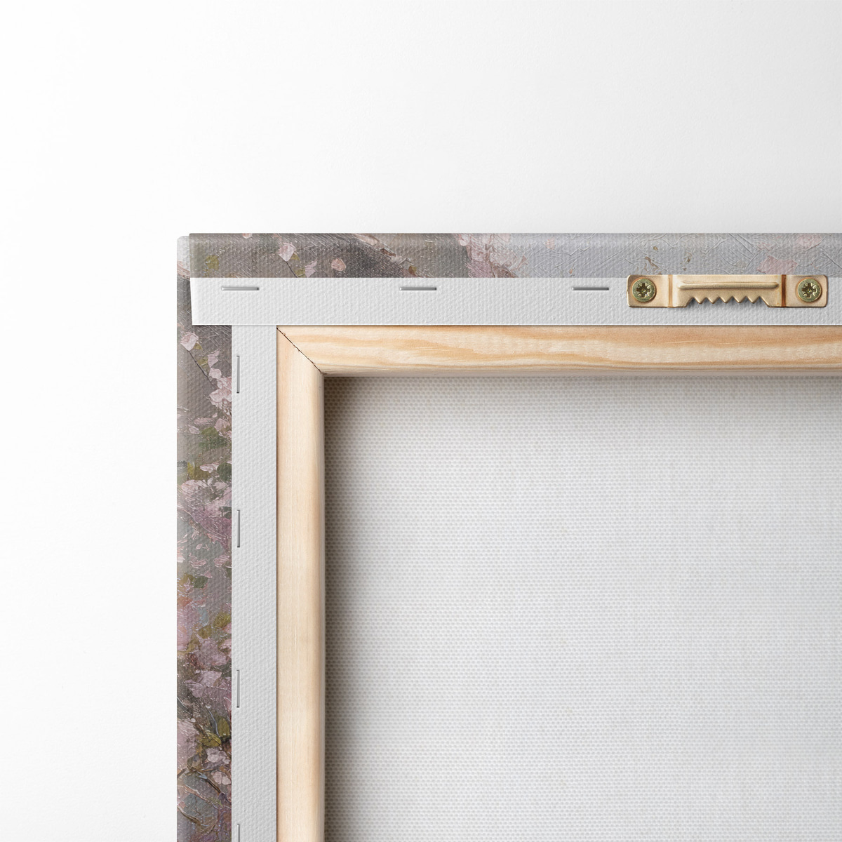 romantisch stadsgezicht met een bloeiende boom in de stijl van een olieverfschilderij — achterkant