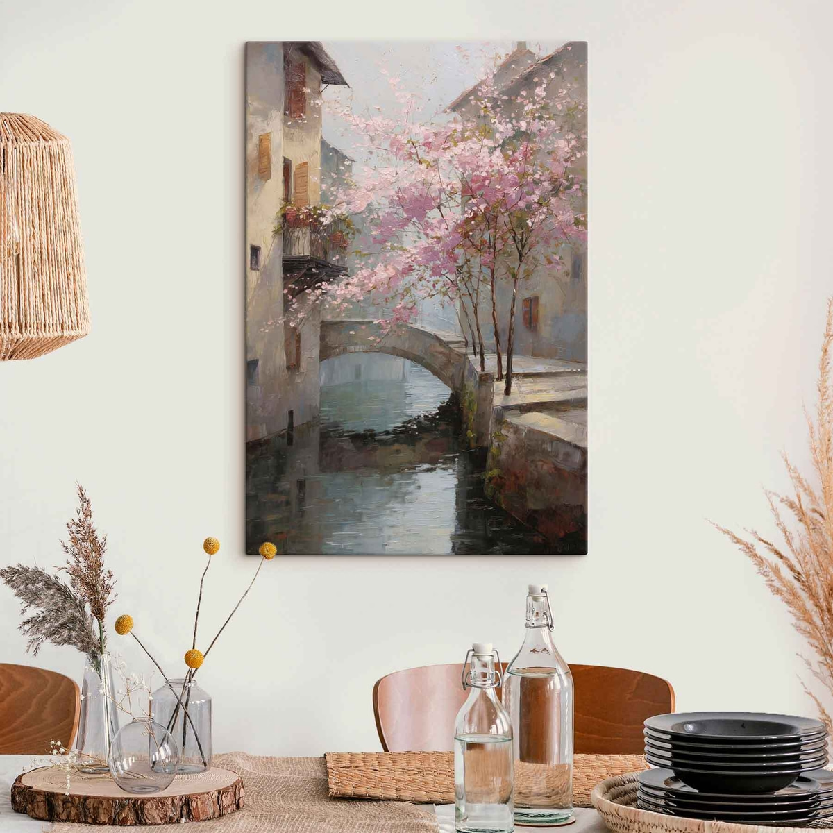 romantisch stadsgezicht met een bloeiende boom in de stijl van een olieverfschilderij — interieur 2