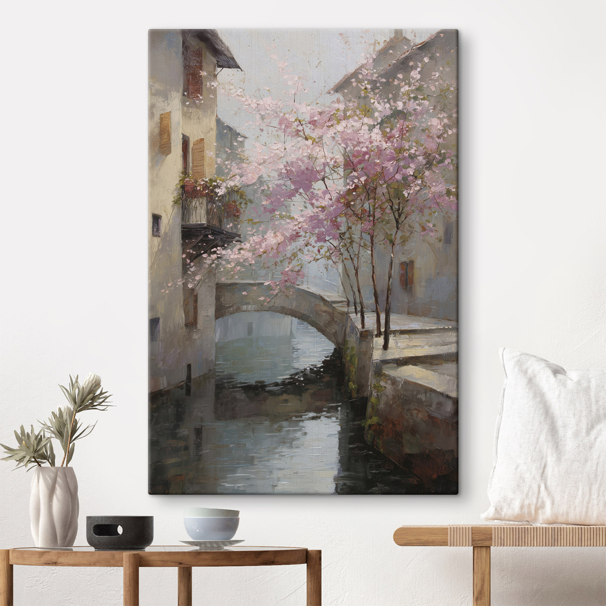 romantisch stadsgezicht met een bloeiende boom in de stijl van een olieverfschilderij — interieur 1
