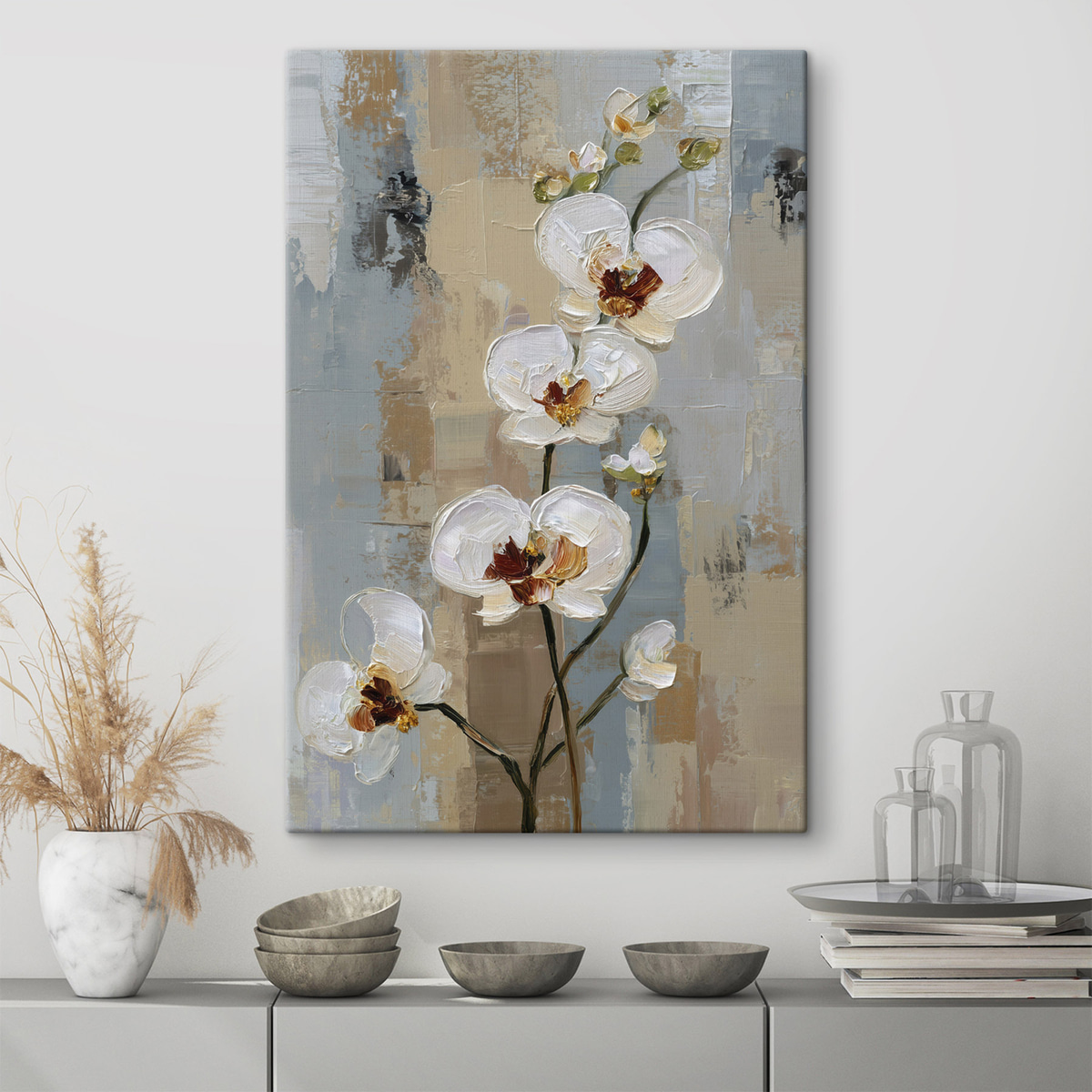 witte orchideebloemen in de stijl van een olieverfschilderij — interieur 1