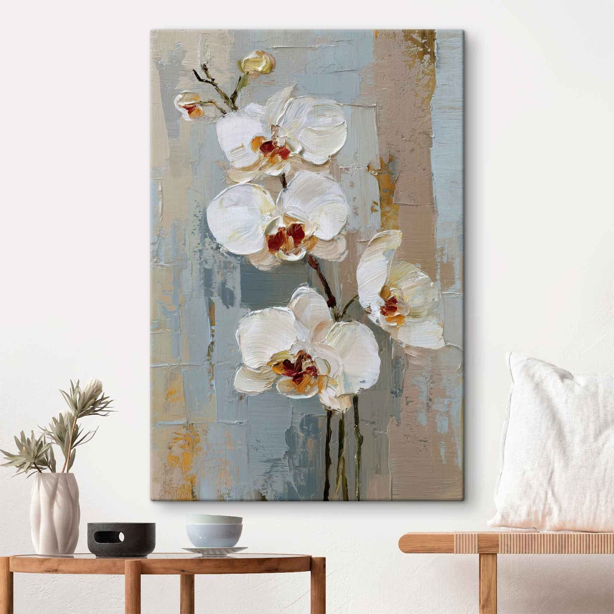 witte orchideebloemen in de stijl van een olieverfschilderij — interieur 1