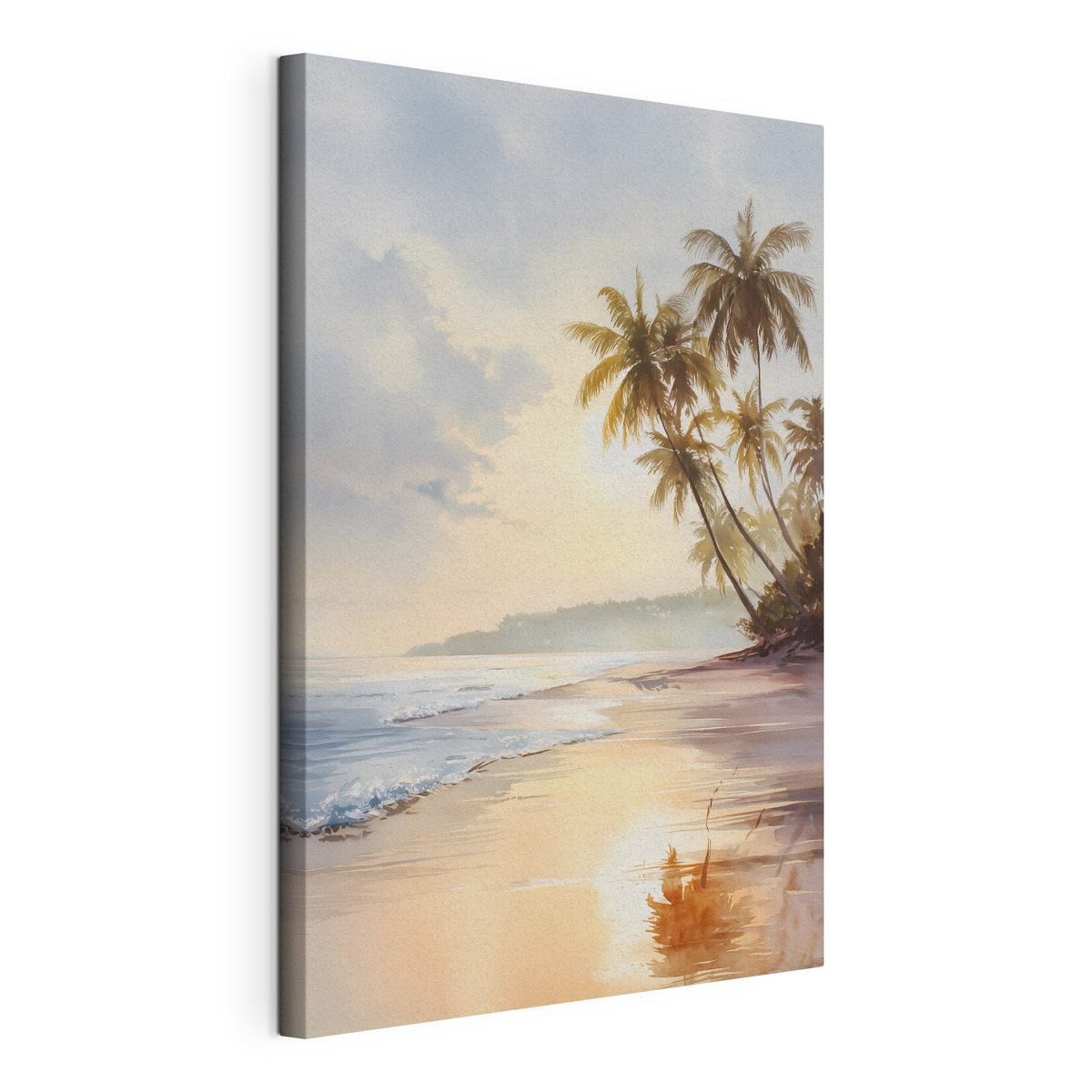 zonsondergangstrand op een eiland in aquarelstijl, gespannen canvas met doorlopende rand
