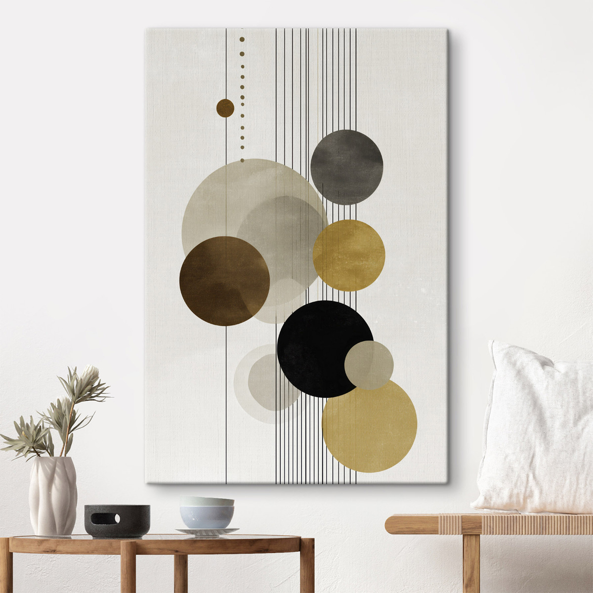 abstractie met cirkels en lijnen in warme kleuren — interieur 1