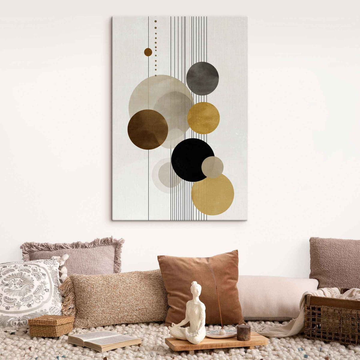 abstractie met cirkels en lijnen in warme kleuren — interieur 2