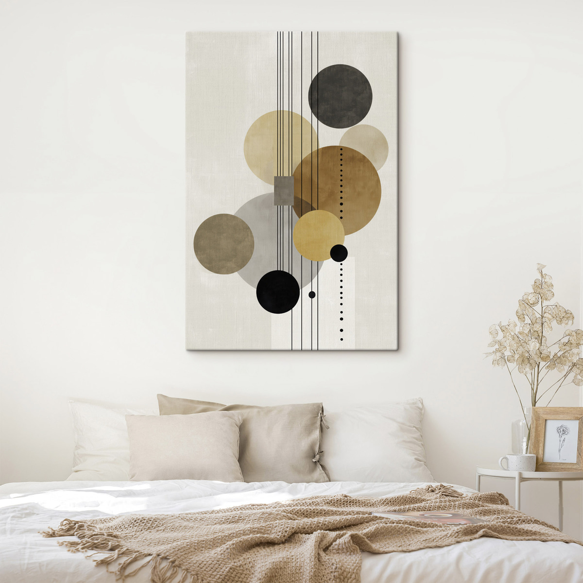 abstractie met cirkels en lijnen in warme kleuren — interieur 2