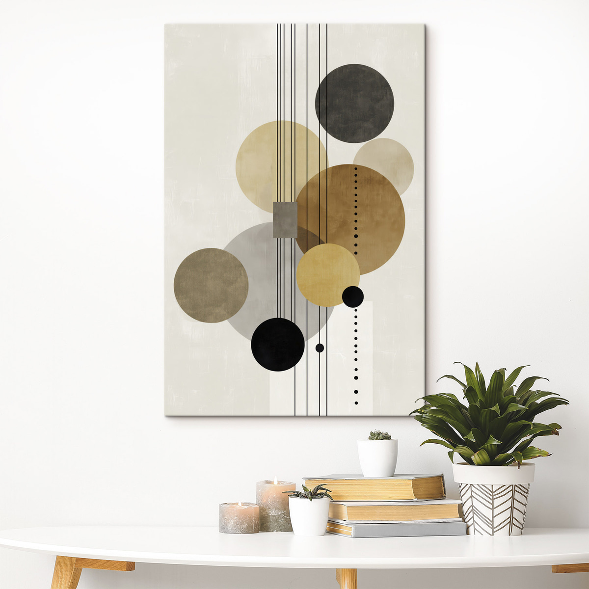 abstractie met cirkels en lijnen in warme kleuren — interieur 1