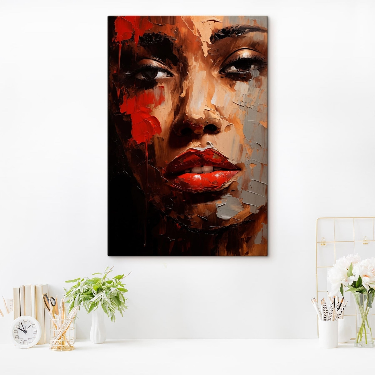Levendig vrouwenportret met rode accenten — interieur 4