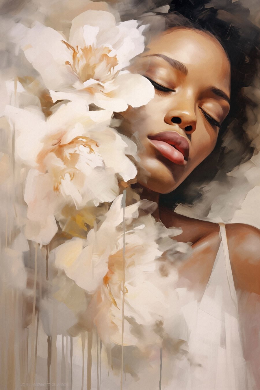 Vrouwelijk portret naast grote bloemen — volledig ontwerp