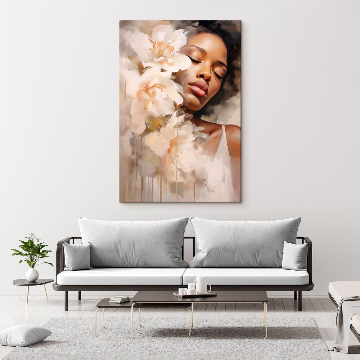 Vrouwelijk portret naast grote bloemen — interieur 6
