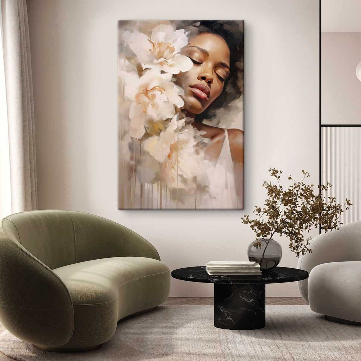 Vrouwelijk portret naast grote bloemen — interieur 3