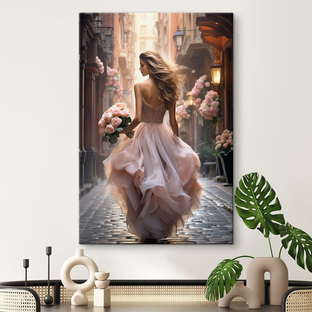 Vrouw in een jurk met bloemen in haar handen in een interieur