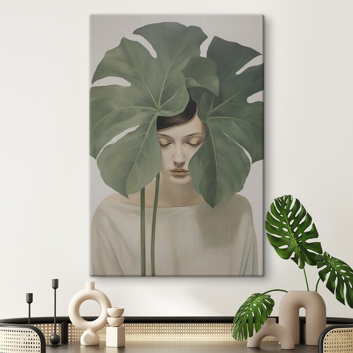 Meisje met tropische bladeren — interieur 2