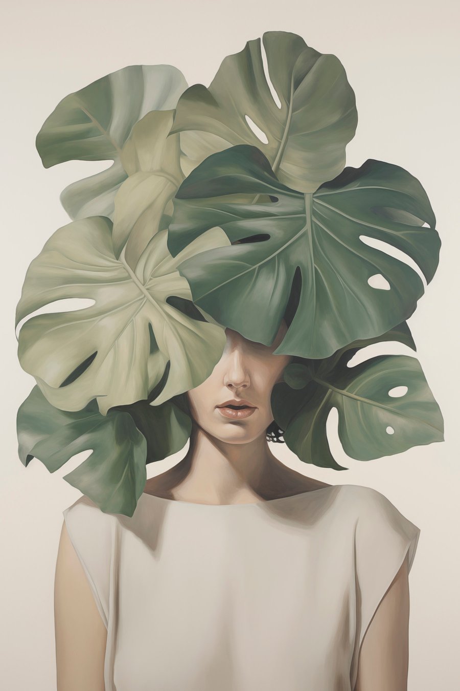 Abstract portret van een meisje met monstera-bladeren — volledig ontwerp