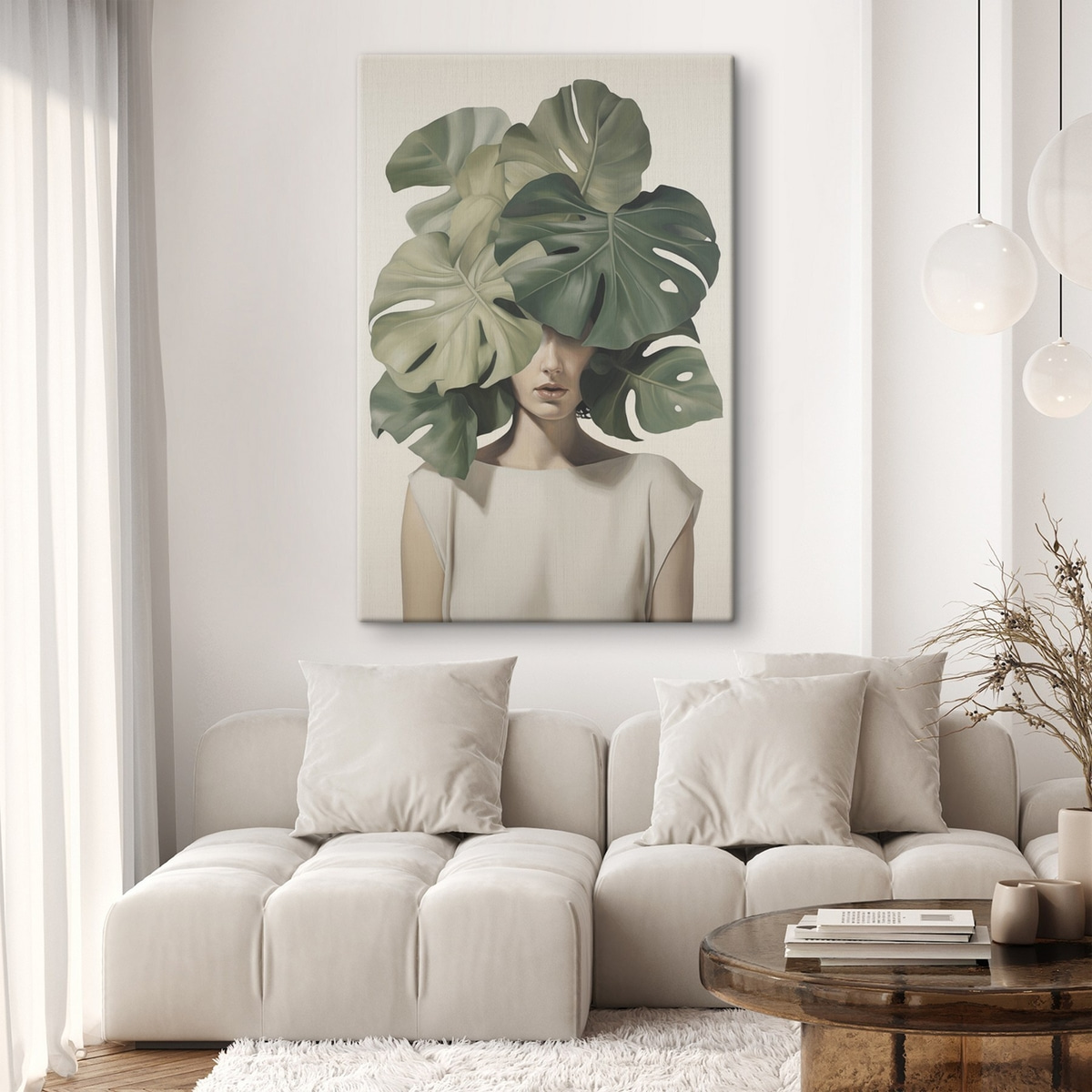 Abstract portret van een meisje met monstera-bladeren — interieur 2