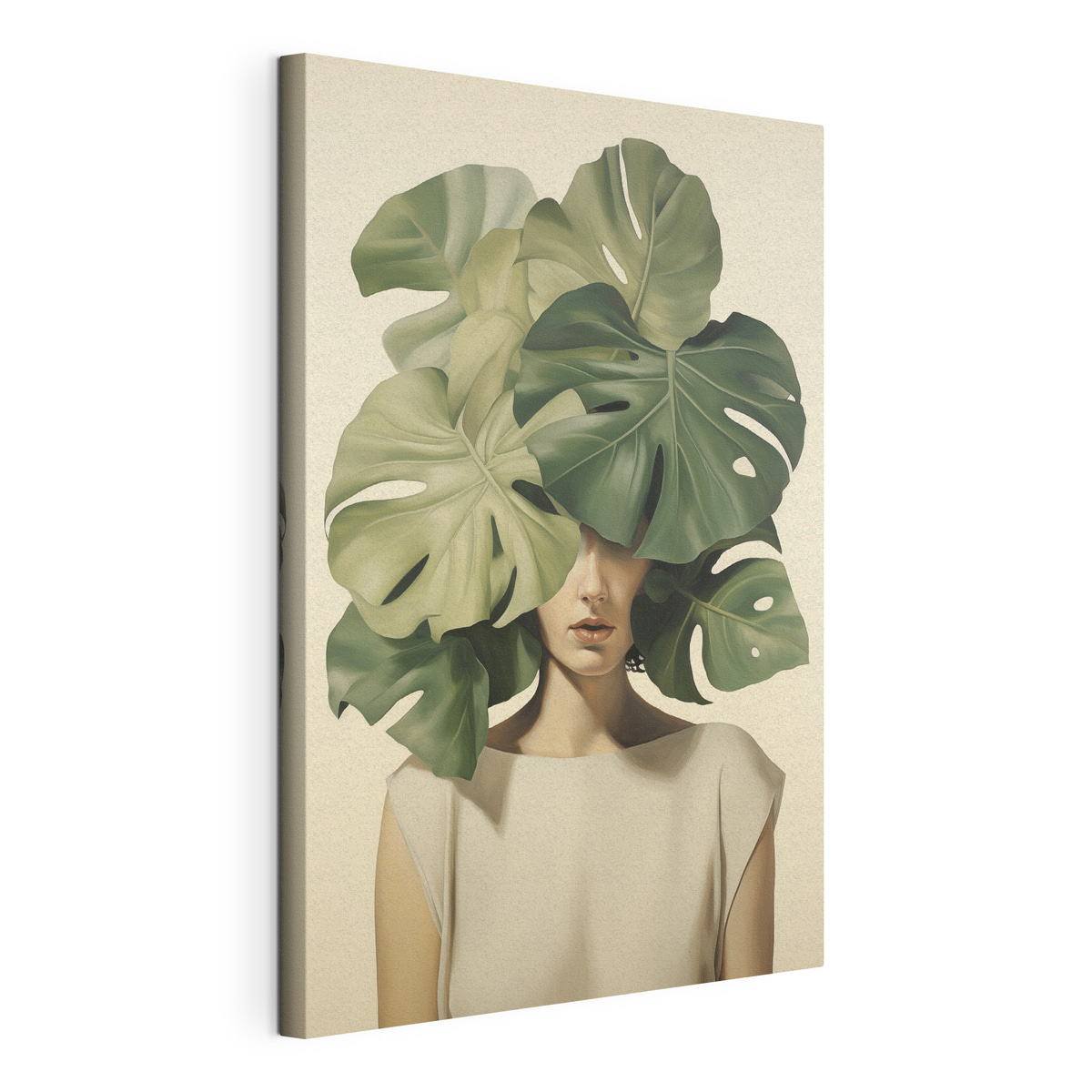Abstract portret van een meisje met monstera-bladeren — productweergave