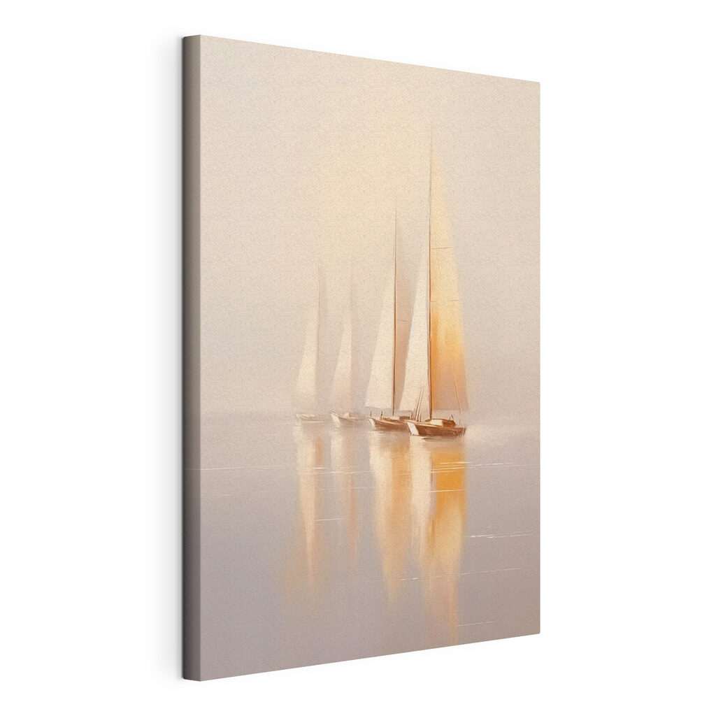 Een groep zeilboten op het water, gespannen canvas met doorlopende rand