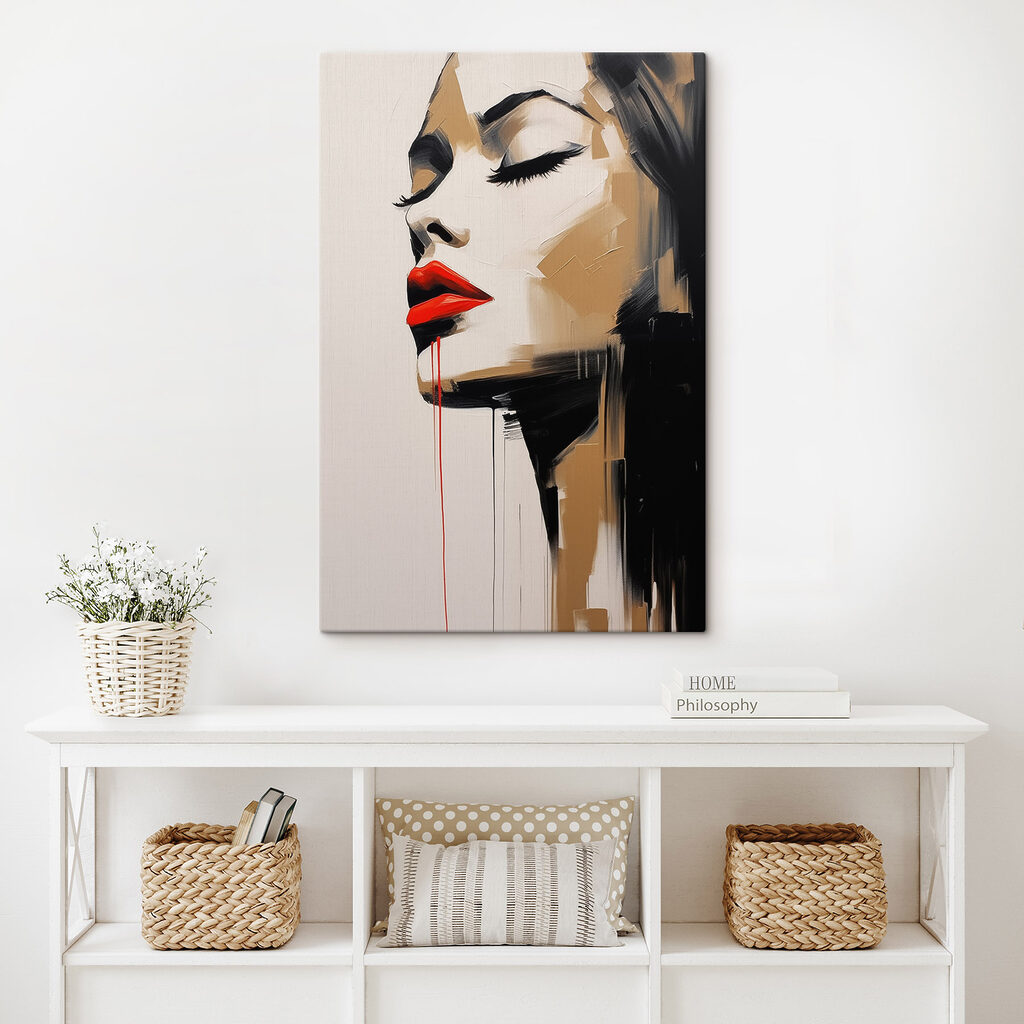 Schilderij van een vrouw met rode lippen en rode lippenstift — interieur 2
