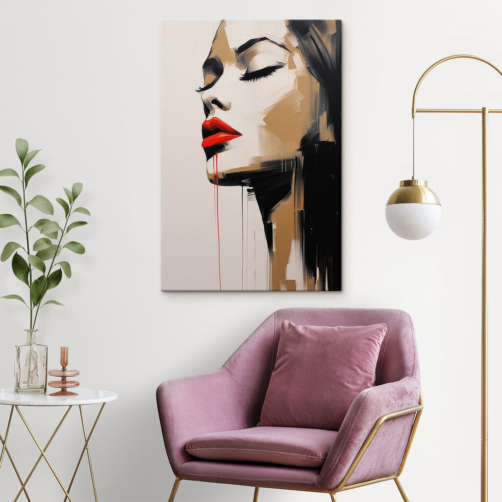 Schilderij van een vrouw met rode lippen en rode lippenstift — interieur 1