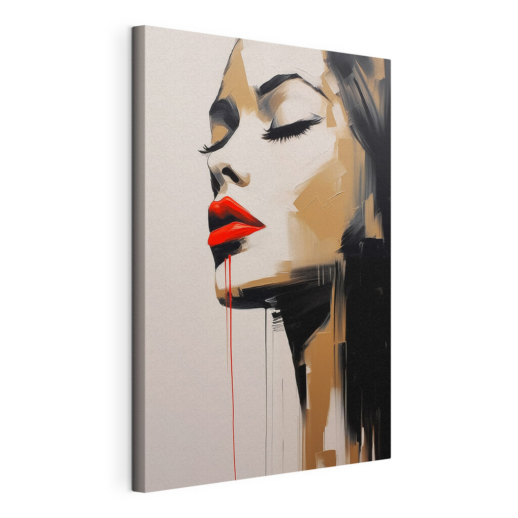 Schilderij van een vrouw met rode lippen en rode lippenstift, gespannen canvas met doorlopende rand