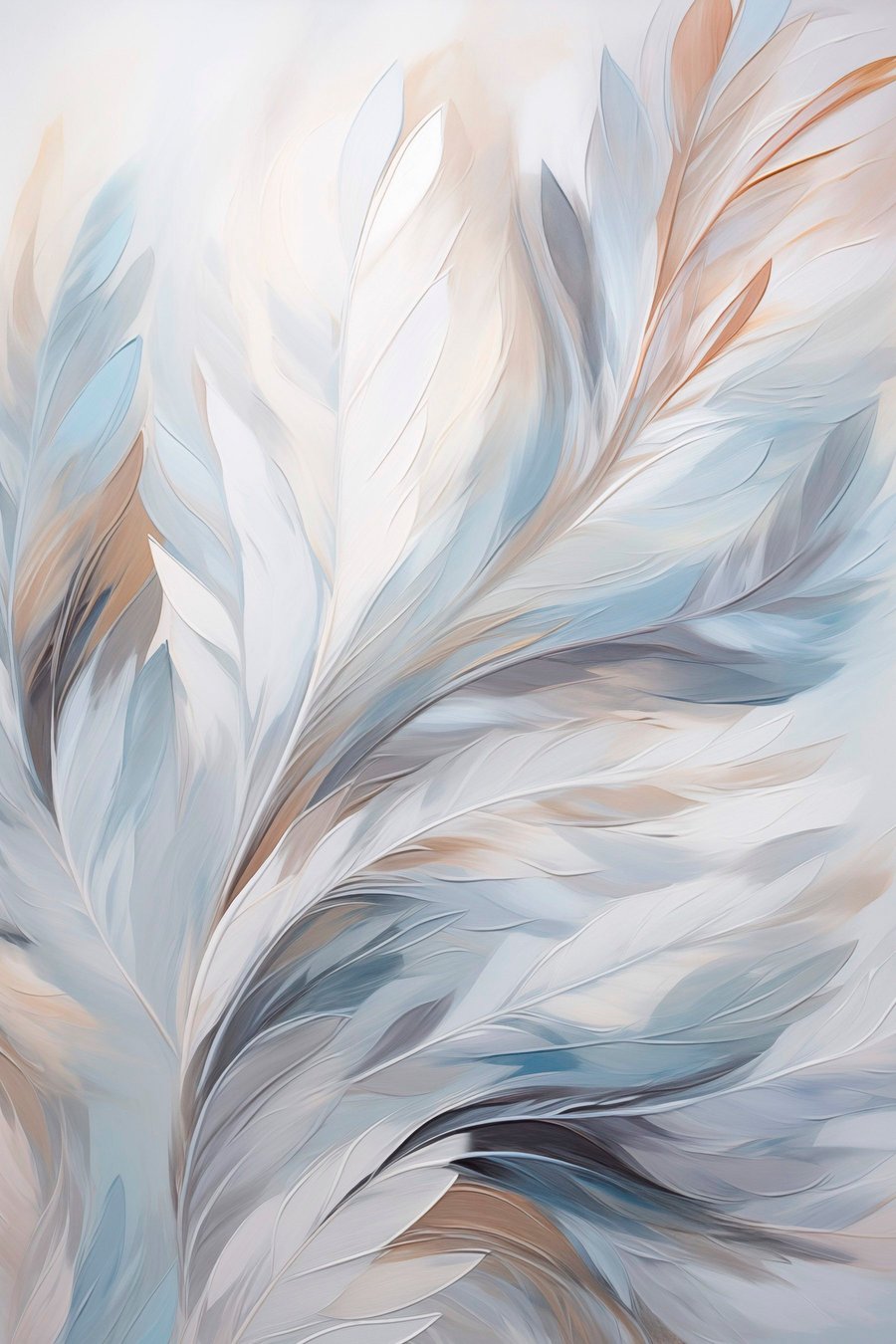 Delicate lichtblauwe en bruine veren met een zachte, etherische textuur, tegen een witte achtergrond — volledig ontwerp