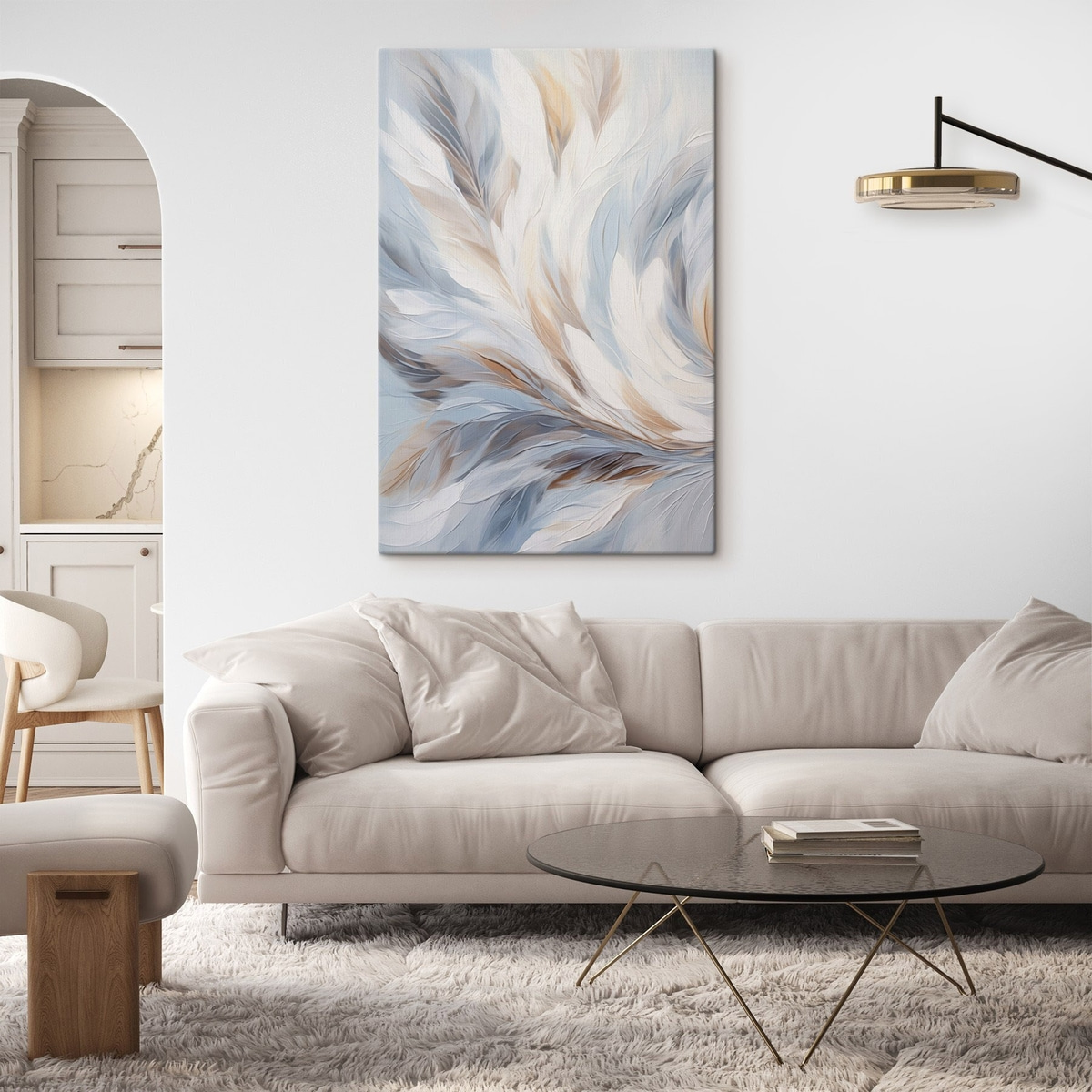 Abstract schilderij van veren in tinten wit, blauw en bruin, met een zachte, vloeiende textuur en een lichte achtergrond. — interieur 2
