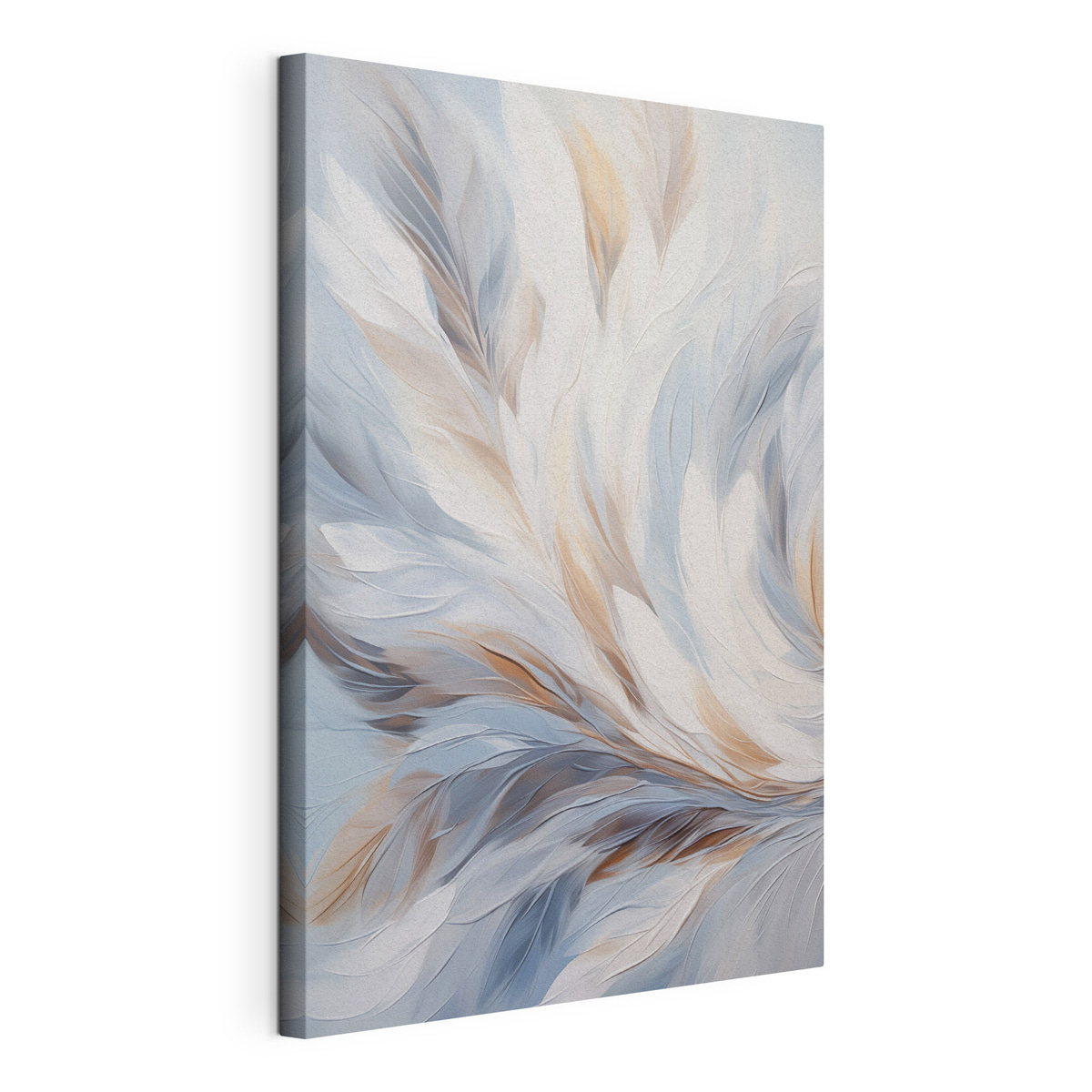 Abstract schilderij van veren in tinten wit, blauw en bruin, met een zachte, vloeiende textuur en een lichte achtergrond. — productweergave