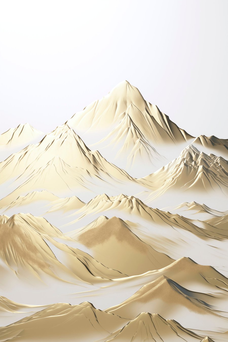 Een landschap van gele, met sneeuw bedekte bergen met scherpe toppen en diepe valleien onder een heldere hemel. — volledig ontwerp