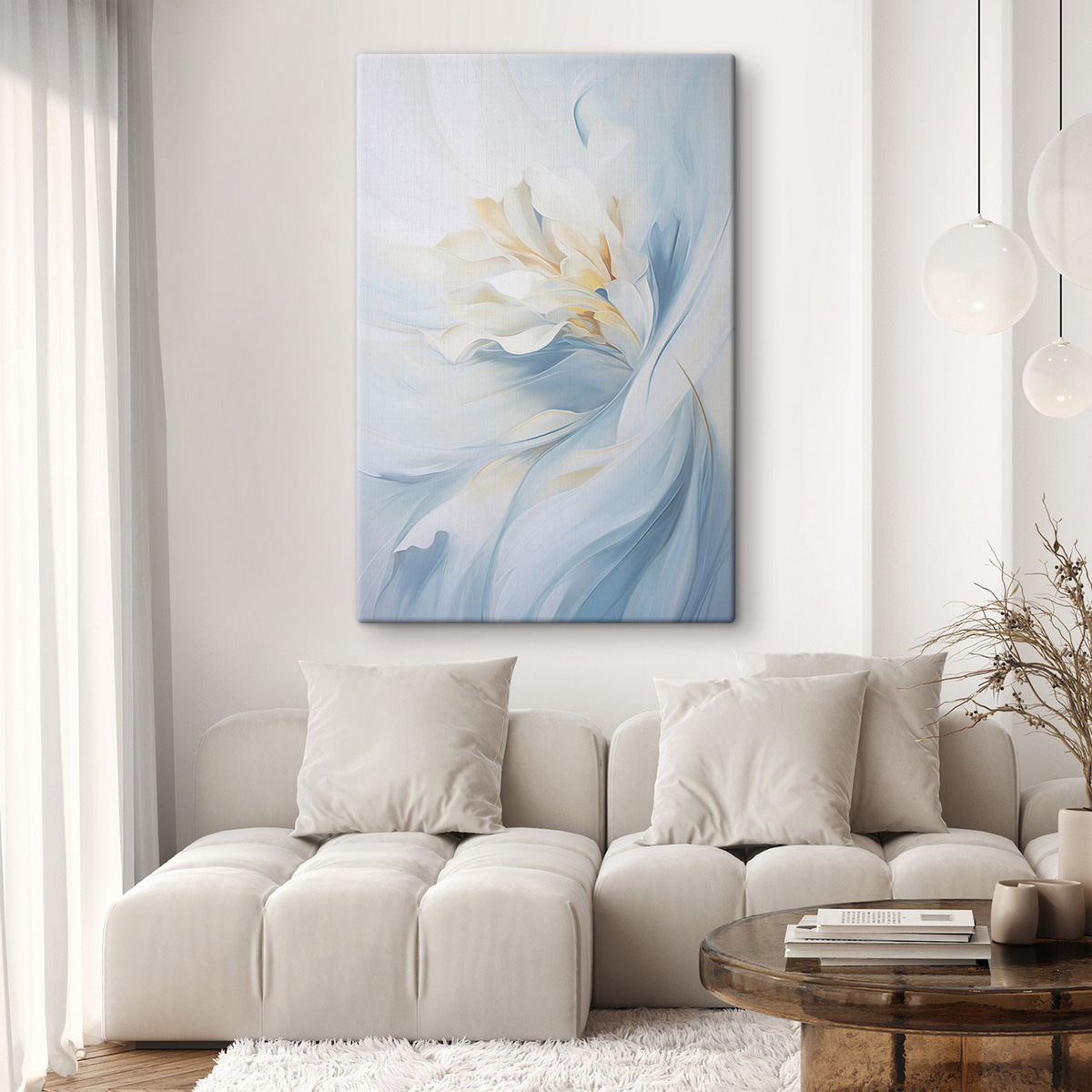 Abstracte, delicate, doorschijnende bloemblaadjes die naar binnen wervelen met zachte verlichting en een schilderachtige textuur. — interieur 2