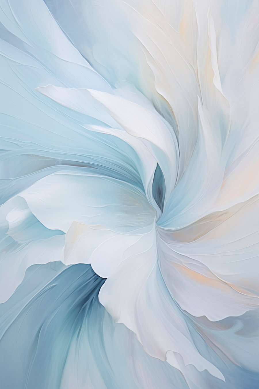 Abstracte, delicate, doorschijnende bloemblaadjes die naar binnen wervelen met zachte verlichting en een schilderachtige textuur. — volledig ontwerp