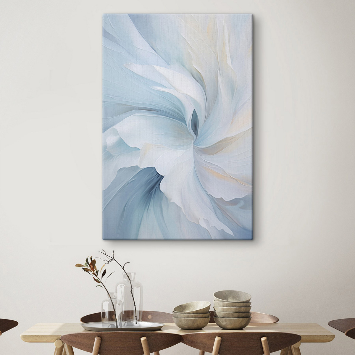 Abstracte, delicate, doorschijnende bloemblaadjes die naar binnen wervelen met zachte verlichting en een schilderachtige textuur. — interieur 1