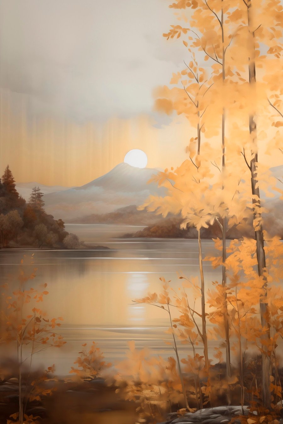 Herfstbomen met oranje bladeren omlijsten een rustig meer met bergen in de verte onder een bewolkte hemel. — volledig ontwerp