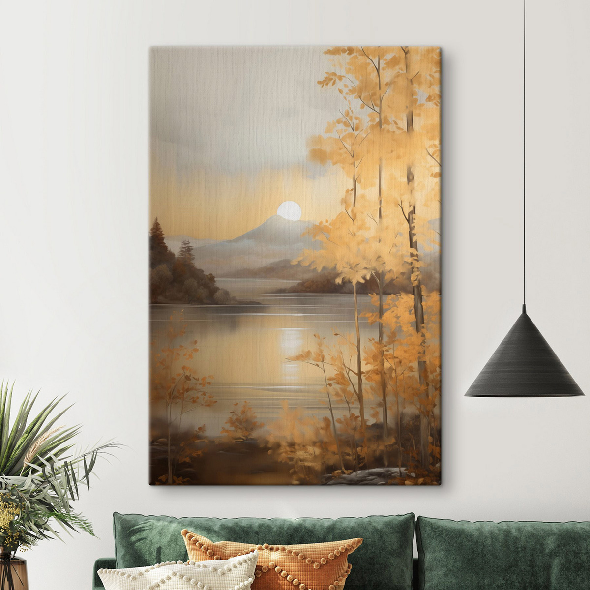 Herfstbomen met oranje bladeren omlijsten een rustig meer met bergen in de verte onder een bewolkte hemel. — interieur 2