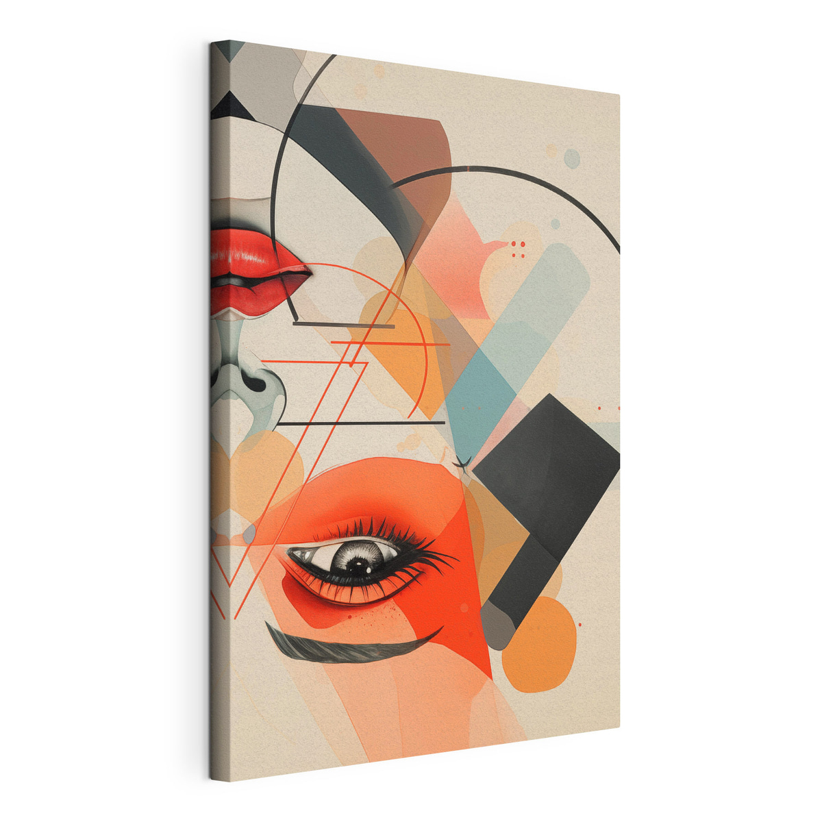 Gezicht en geometrische vormen, gespannen canvas met doorlopende rand