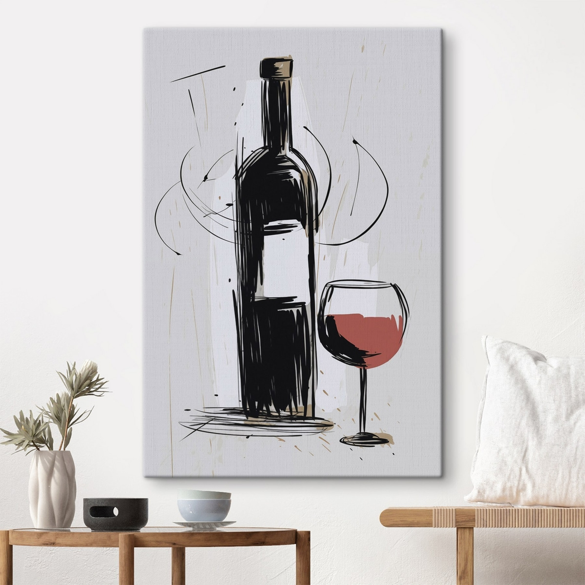 Een fles en een glas wijn in een interieur