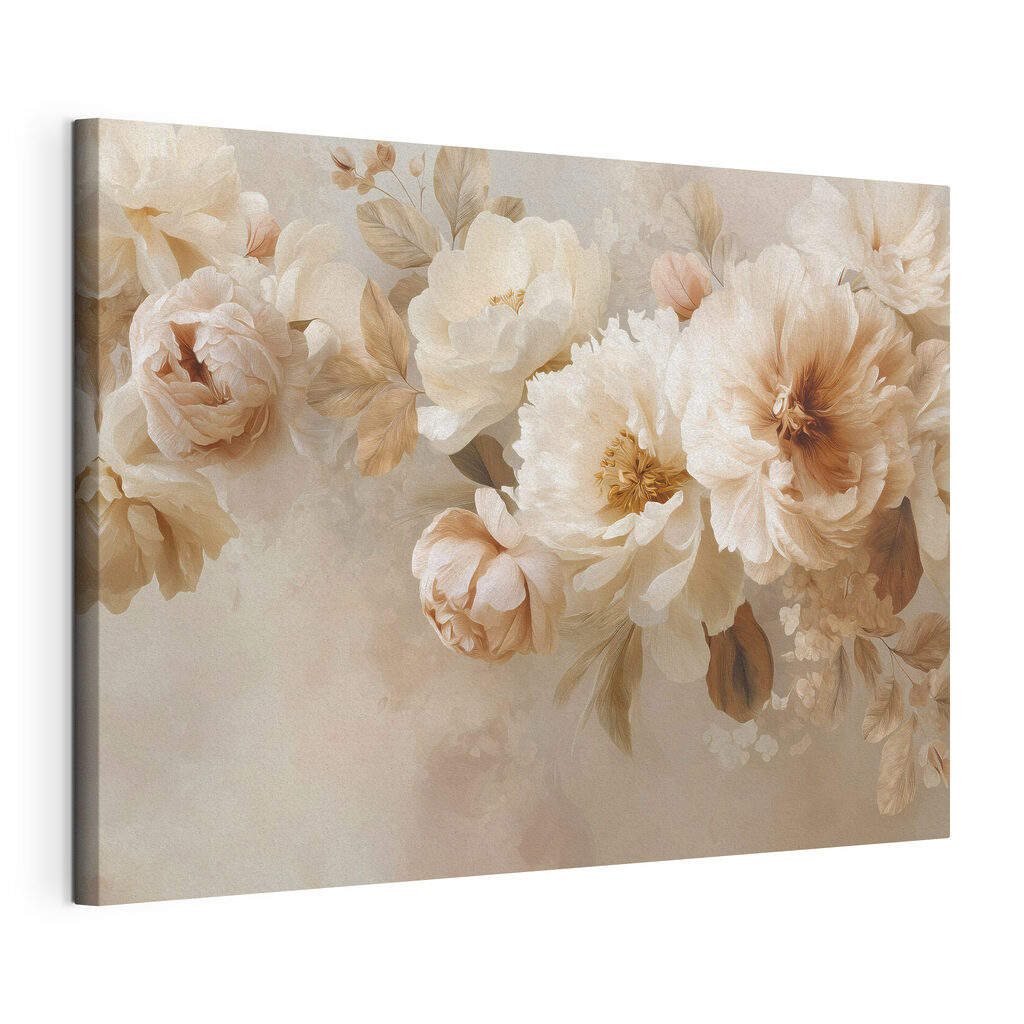 Zachte bloemen in ingetogen tinten, gespannen canvas met doorlopende rand