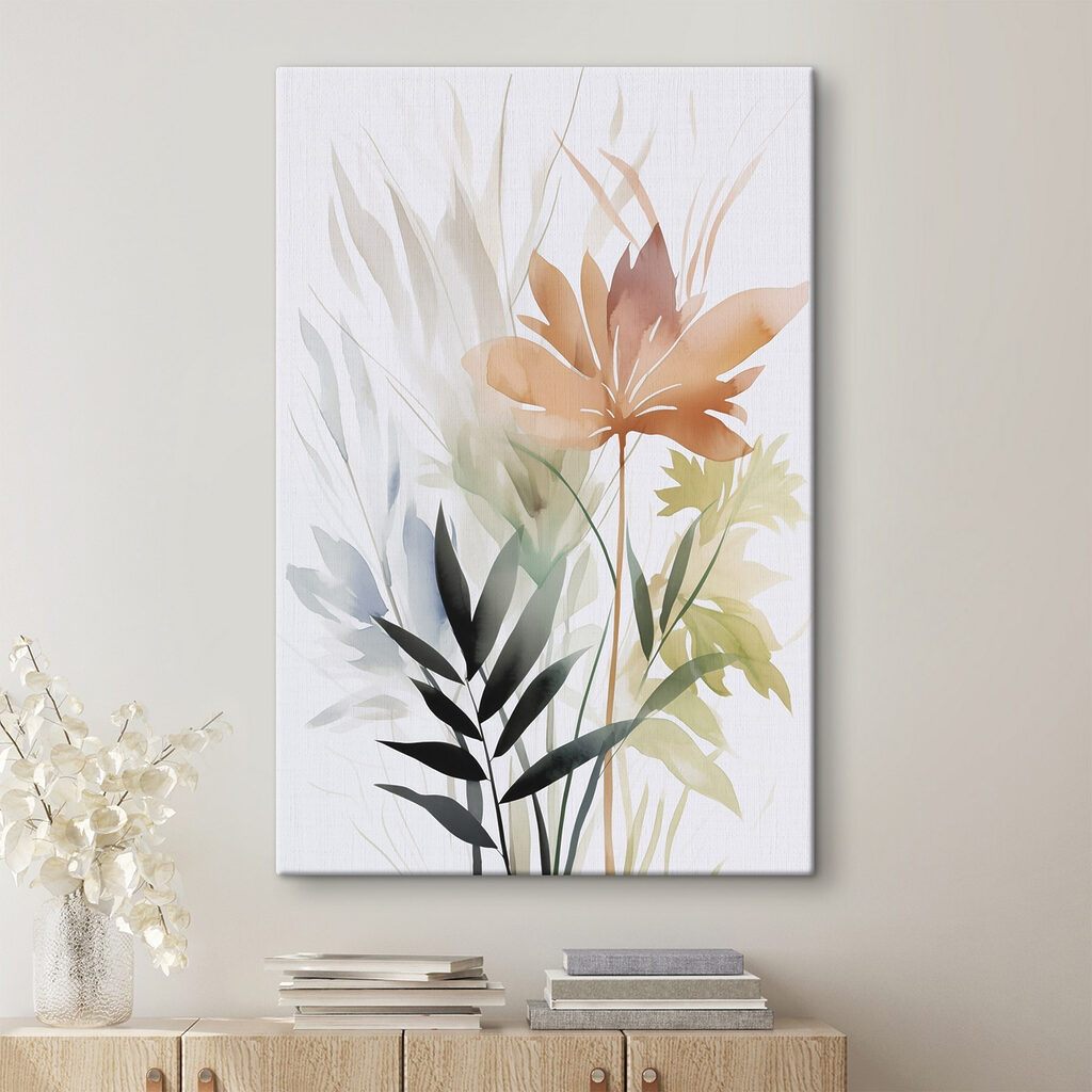 Schilderij van bloemen en bladeren in een interieur