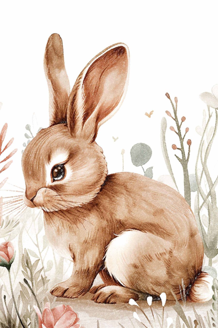 Schattig konijntje in bloemen, potloodtekening — volledig ontwerp